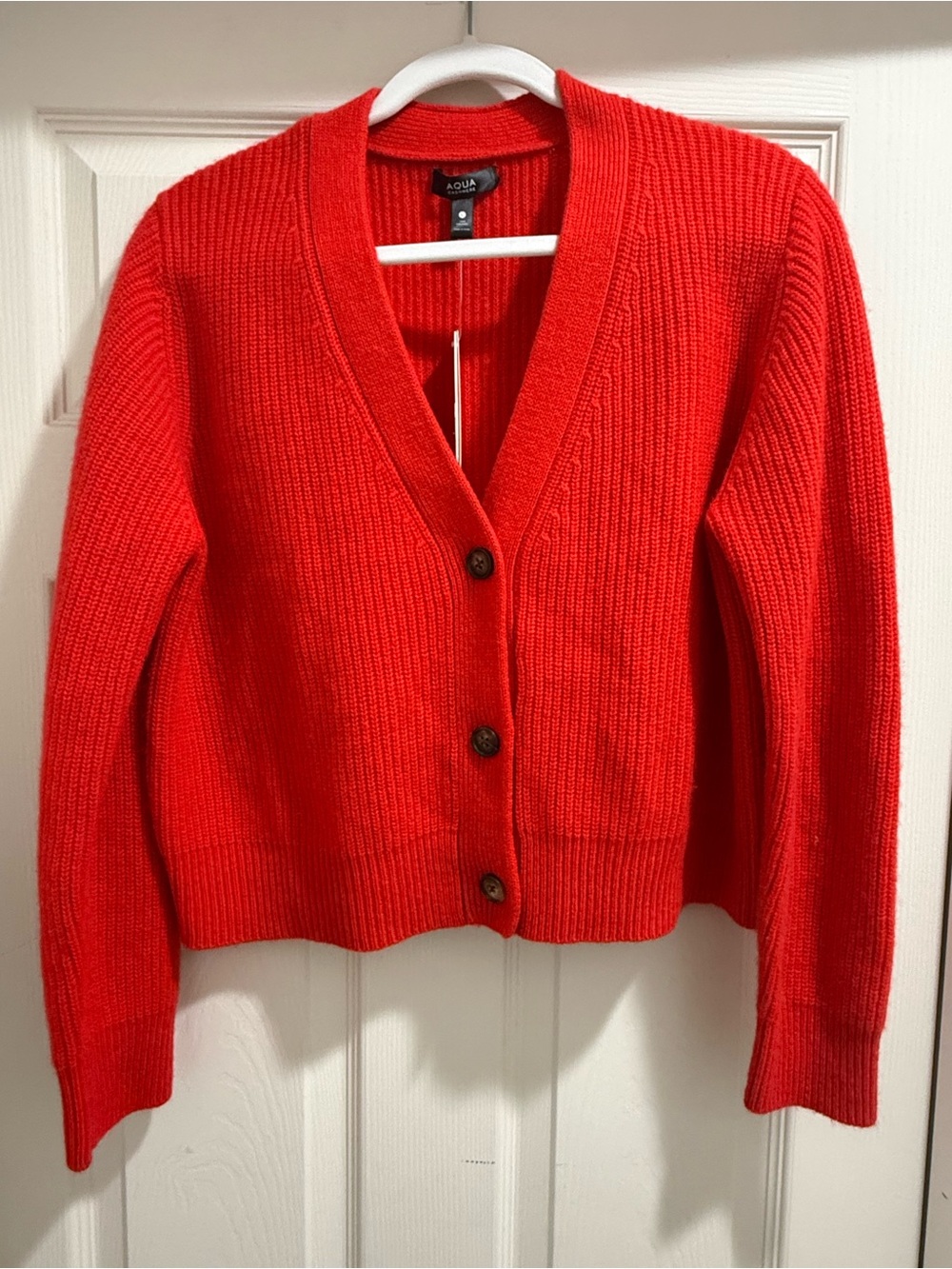 Aqua Red-Orange Ribbed V-Neck Button Front Cardigan